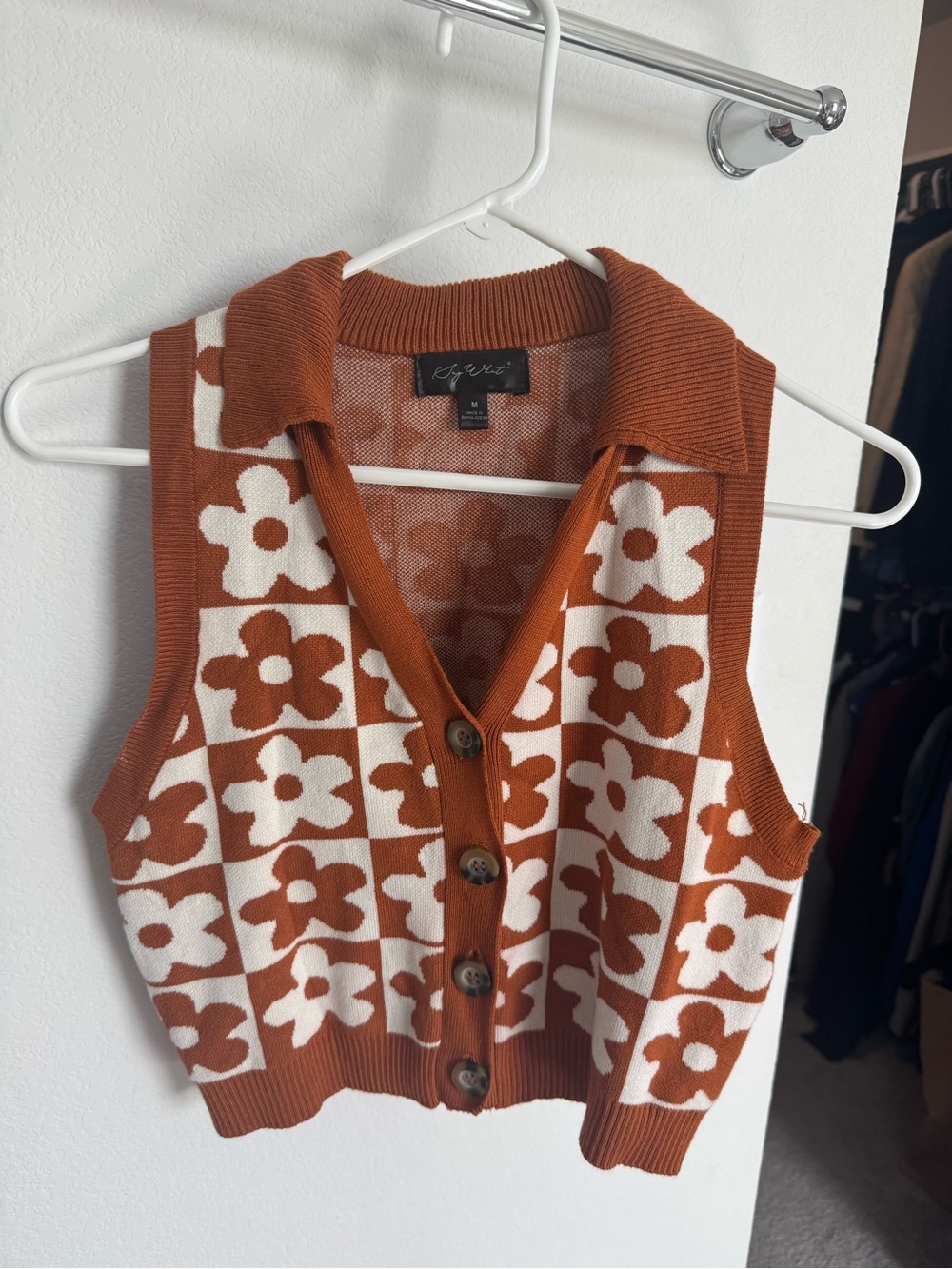 Women’s Rust Floral Knit Button-Up Sweater Vest